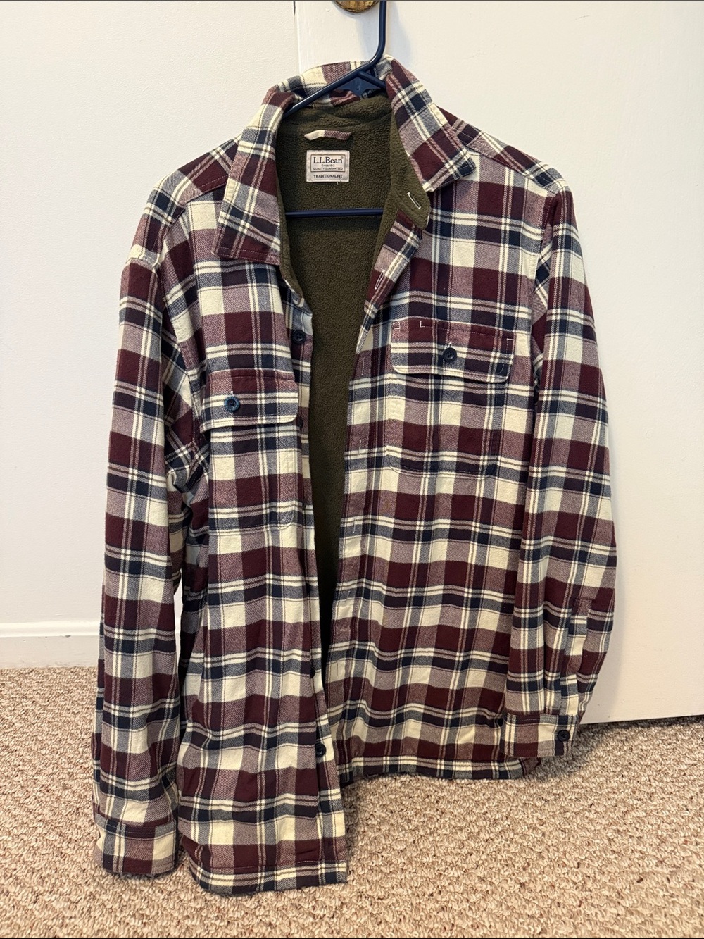 L.L. Bean Men's Burgundy and Cream Plaid Shirt Jacket